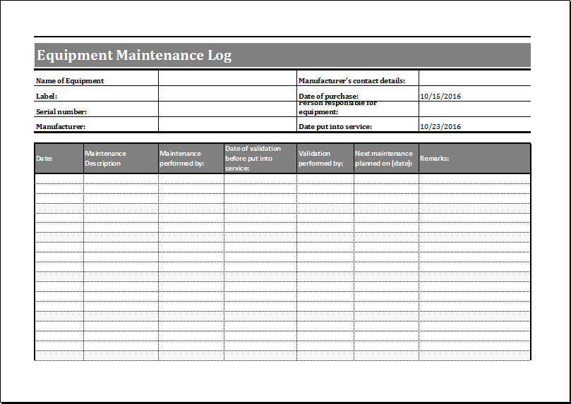 Equipment Maintenance Schedule Template Excel Planner Template Free