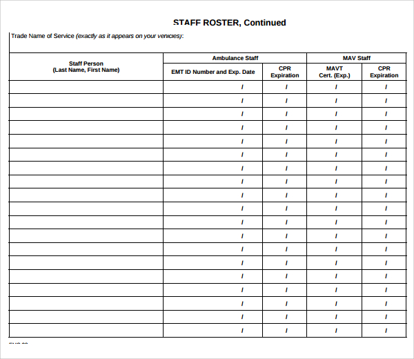 Monthly Roster Template Planner Template Free