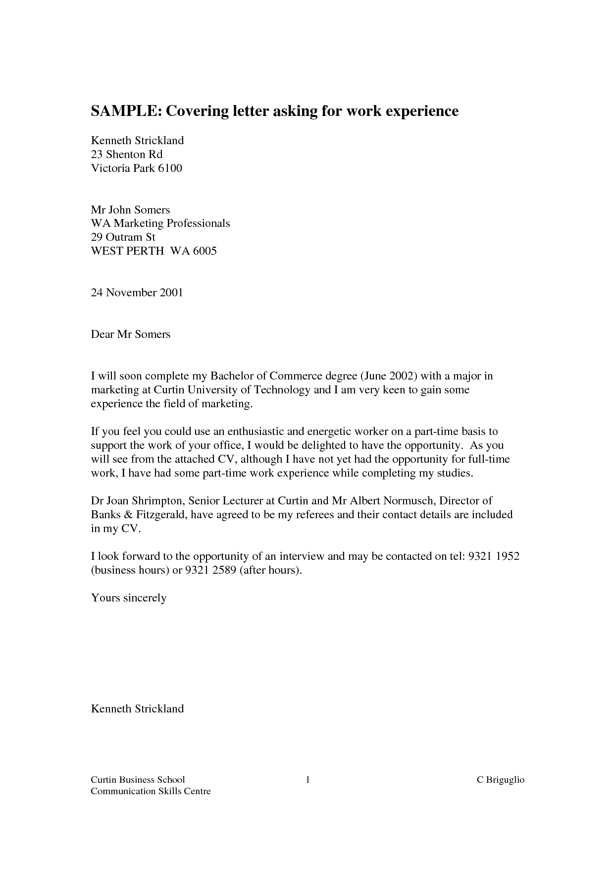 cover letter my experience