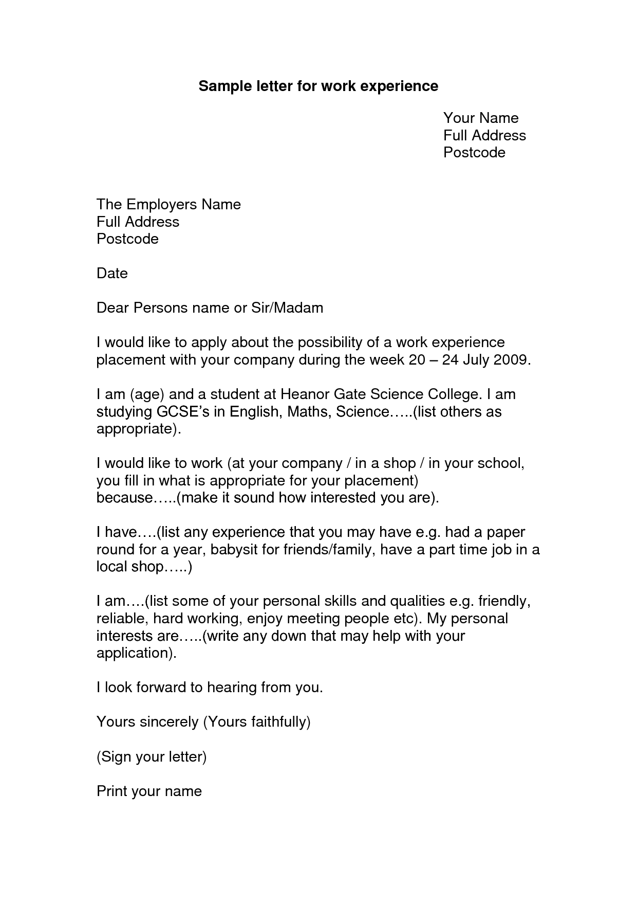example of cover letter for placement